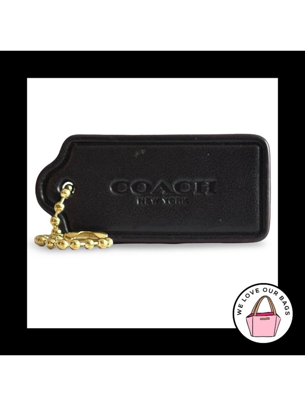 COACH HANG TAG 2" Dark Brown Leather Bag Charm Keychain Fob New York Gold Brass